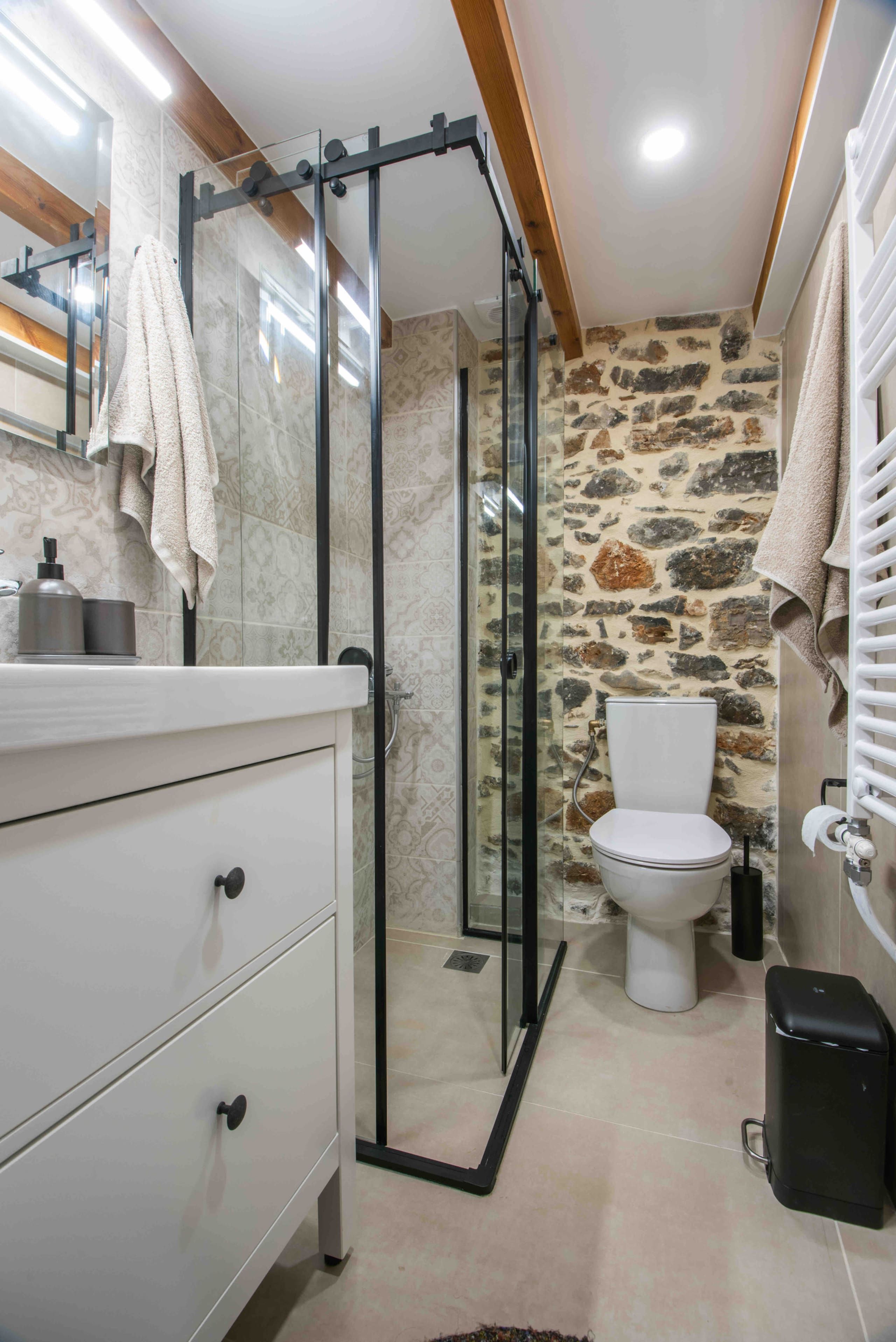 Glass shower and toilet, stone wall