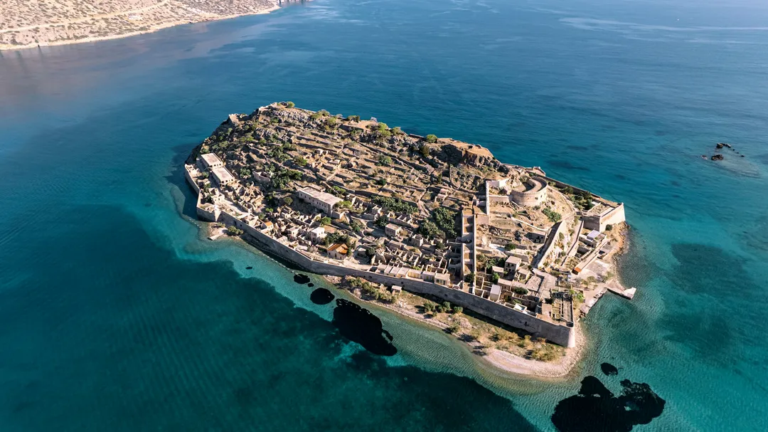 Spinalonga and the bay of Elounda from the air